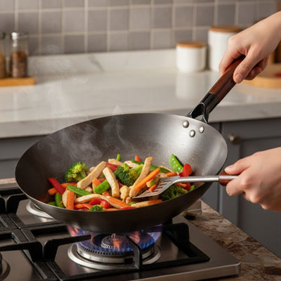 poele wok forgee main legumes sautés