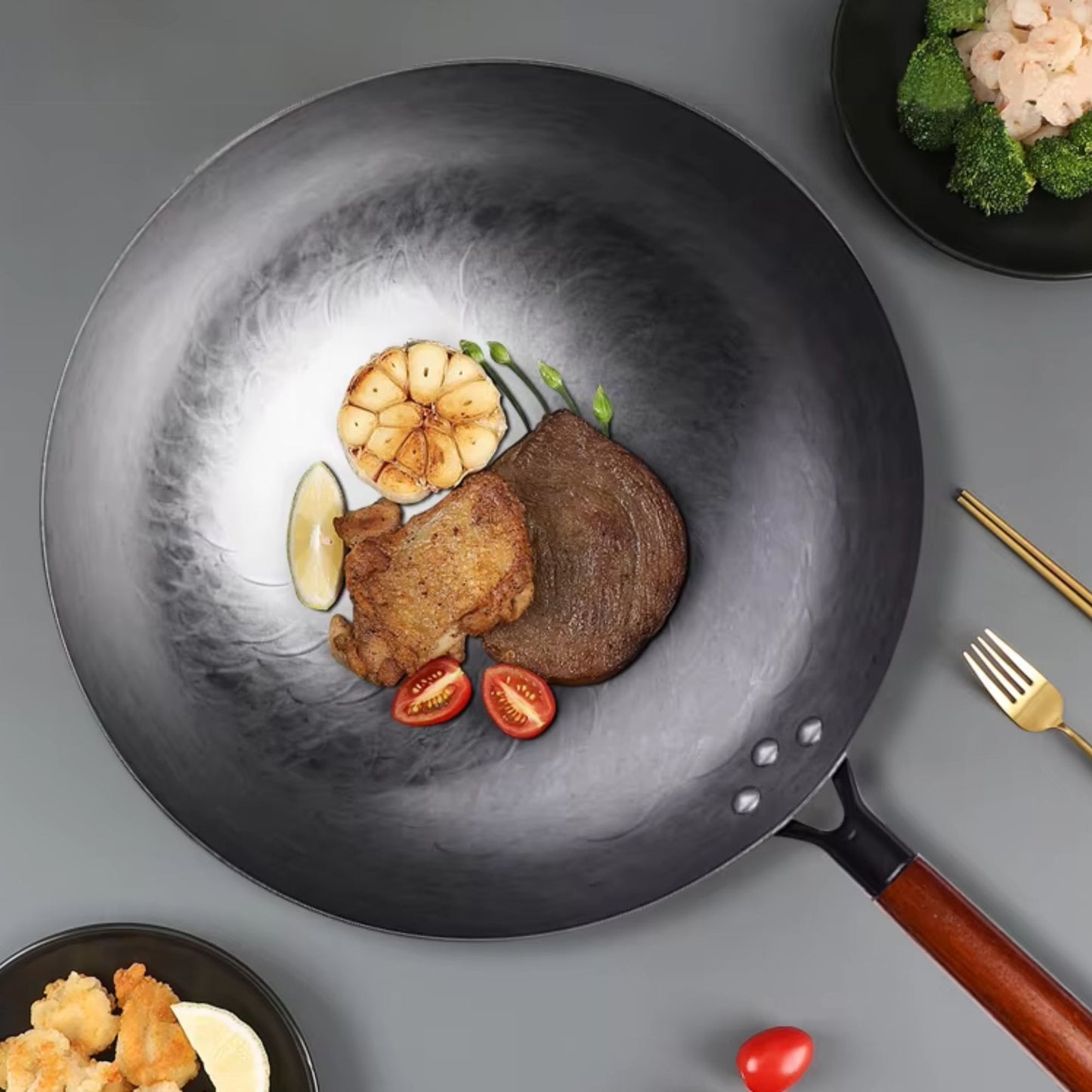 poele wok forgee main martelé