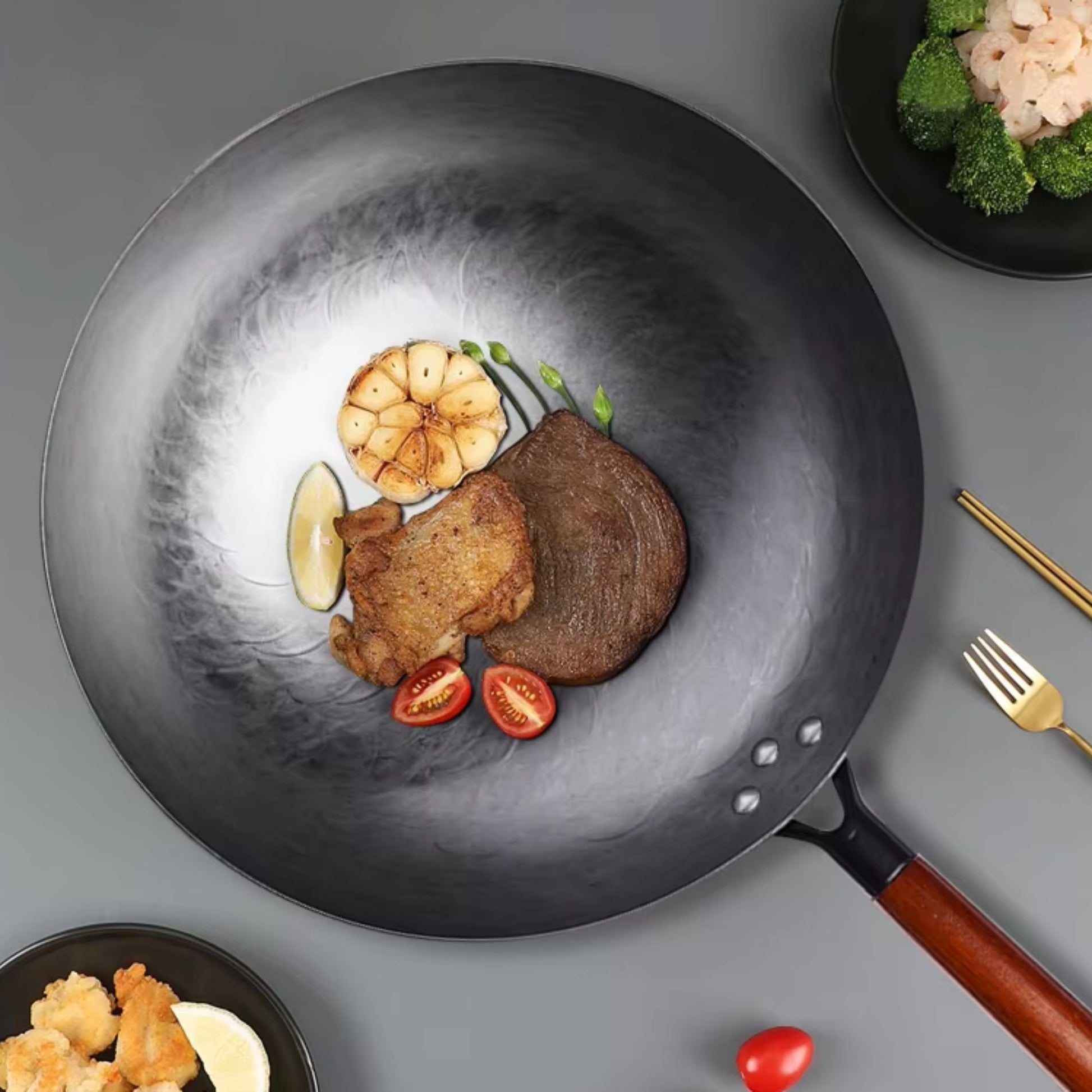 poele wok forgee main martelé