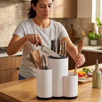 pot ustensiles cuisine 3 compartiments blanc