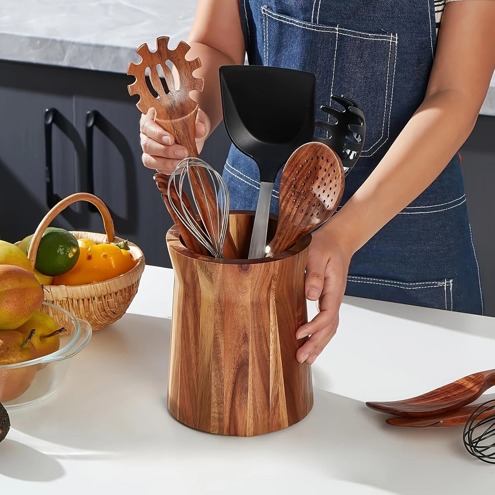 pot ustensiles cuisine bois rotatif pratique