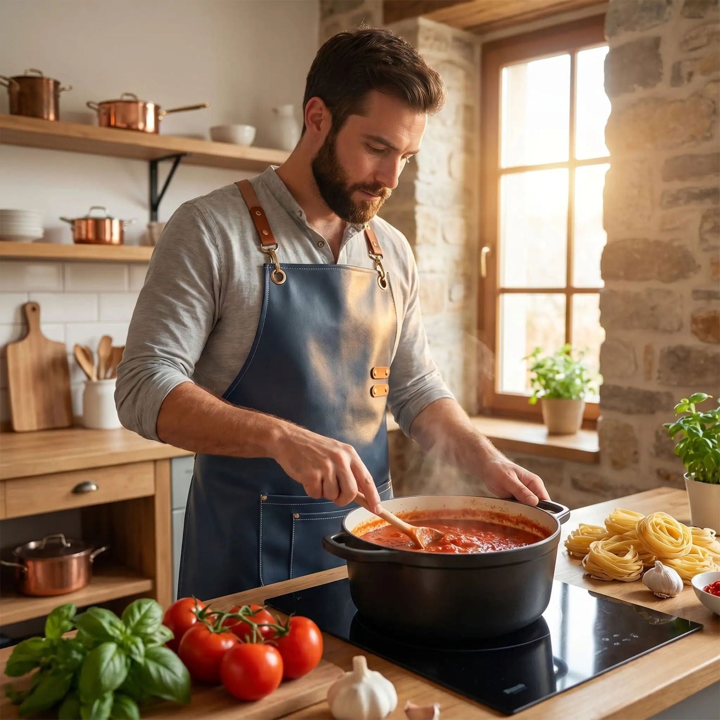 tablier de cuisine homme similicuir bleu gris