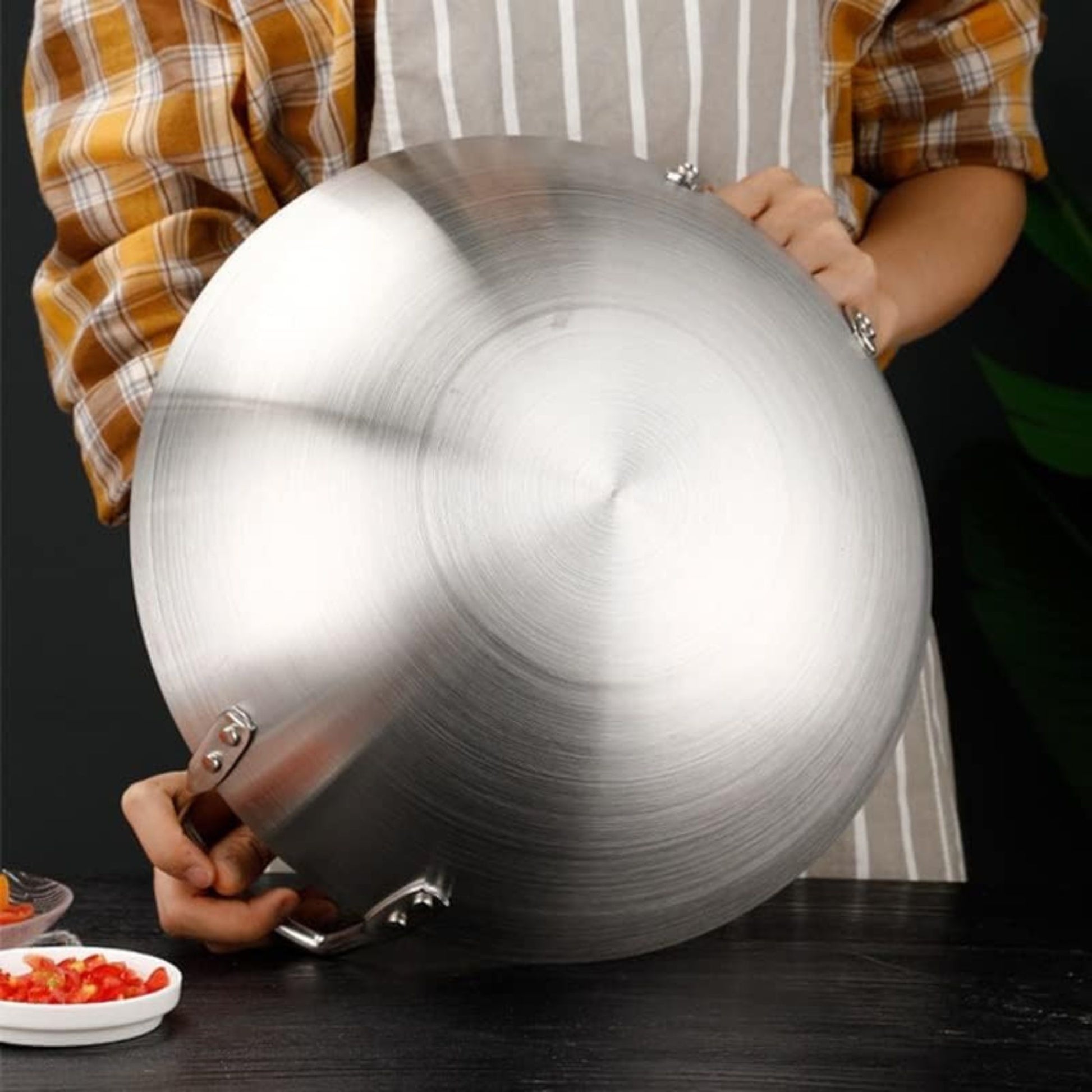wok inox double poignee fond rond